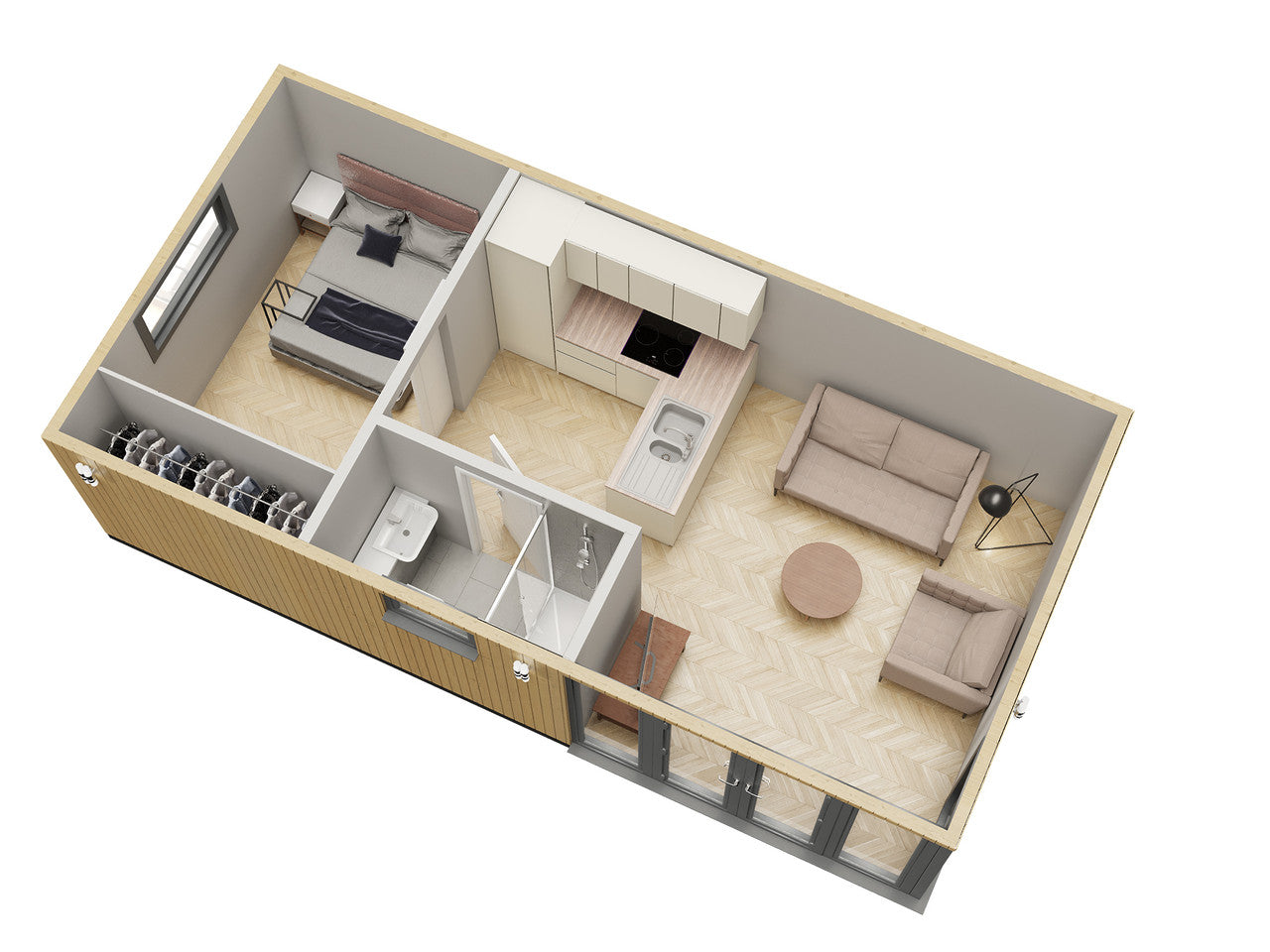 A floor plan of a house with independent living Annexe Style Bespoke by Rubicon Garden Rooms.