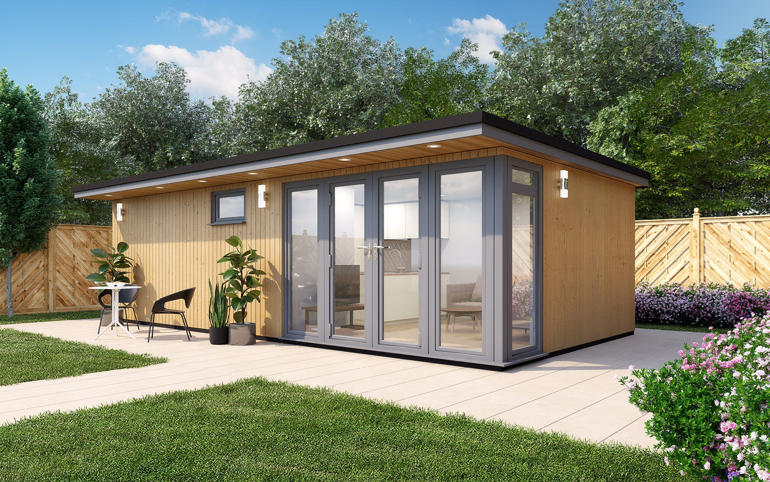 Modern Annexe Style Bespoke with large glass doors, situated in a well-manicured backyard designed for independent living by Rubicon Garden Rooms.