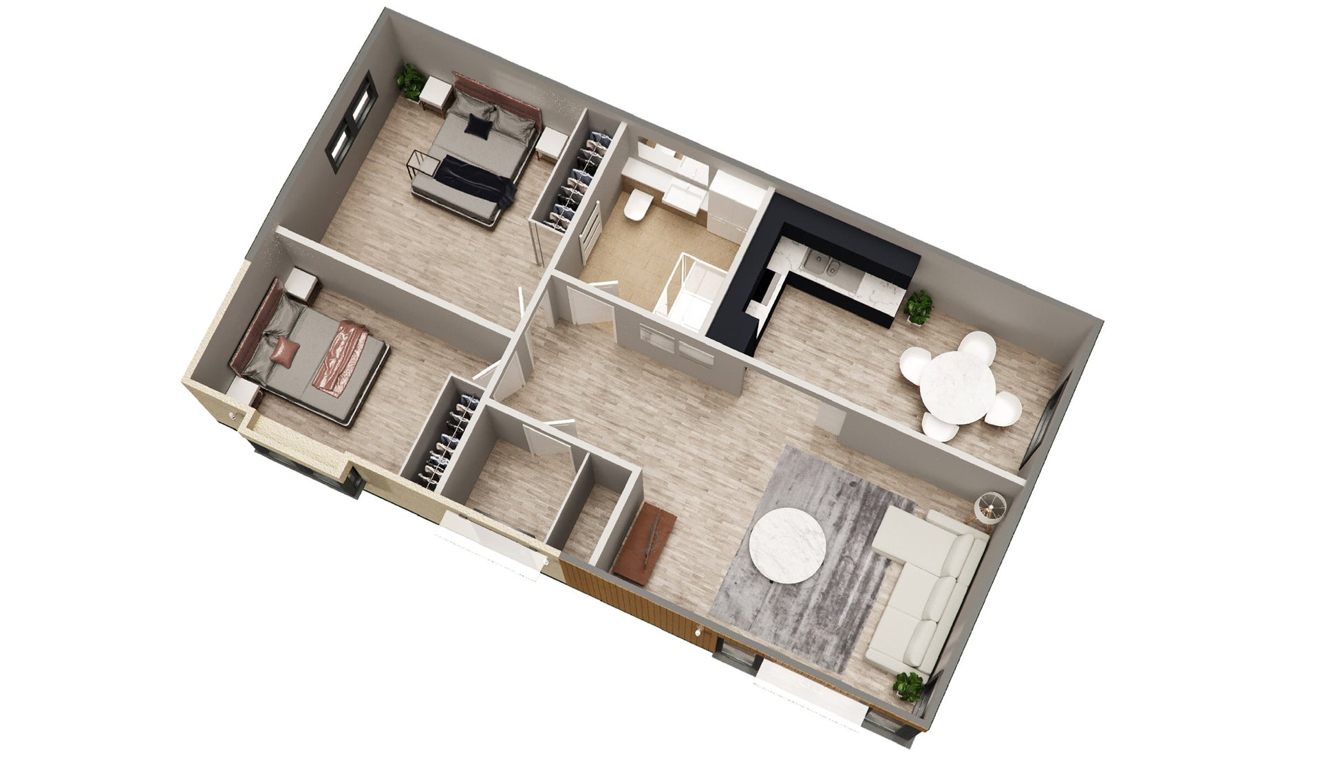 A 2 bedroom floorplan of a granny annexe including a kitchen and shower room