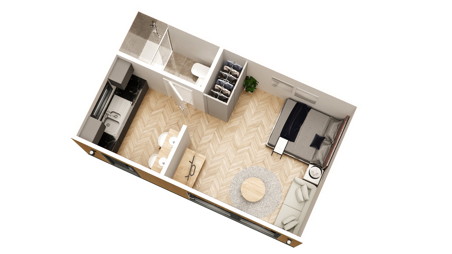 3D floor plan of a modern, one-bedroom Annexe Style Bespoke Granny Annexe with separate living, kitchen, bathroom, and bedroom areas for independent living by Rubicon Garden Rooms.