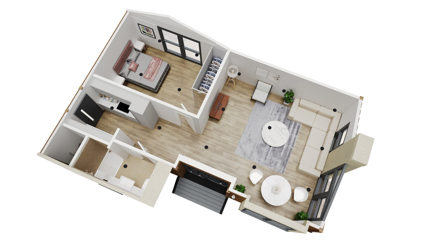 3D floor plan of a modern one-bedroom Bespoke Granny Annexe with an open living area, kitchen, and bathroom designed for independent living by Rubicon Garden Rooms.