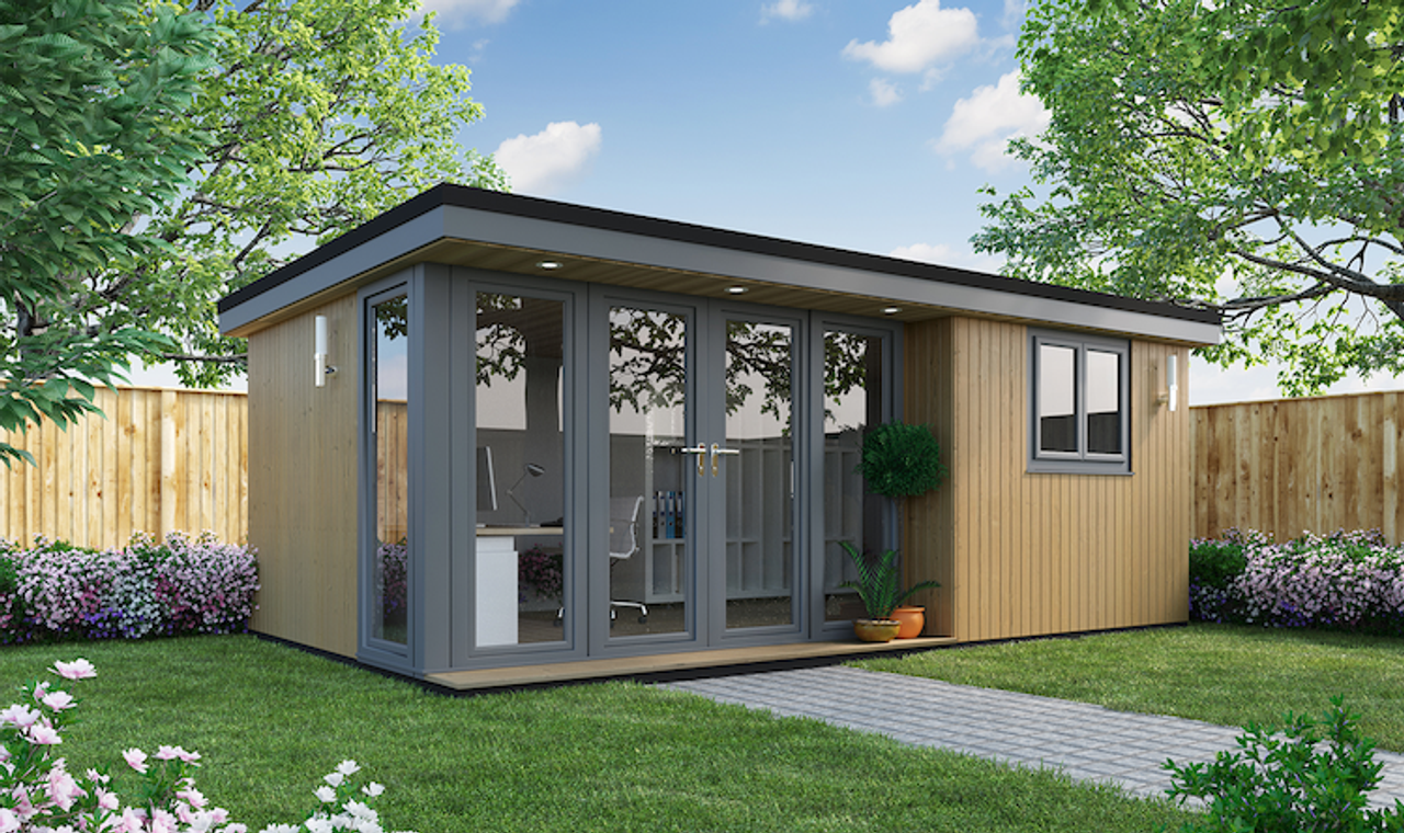A Rubicon Garden Rooms Studio Style with a glass door, an insulated roof, and a lawn.