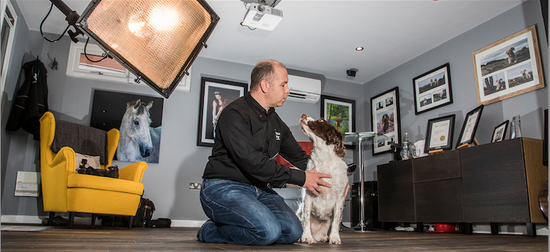 A man kneeling on the floor next to a dog in a Rubicon Garden Room, used as an animal photography studio.