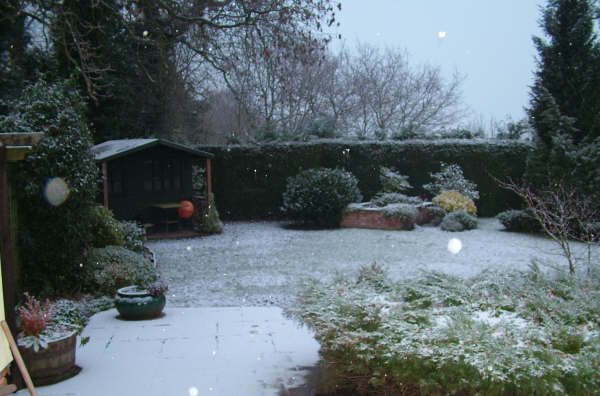 A garden winter scene with snow and a garden building 