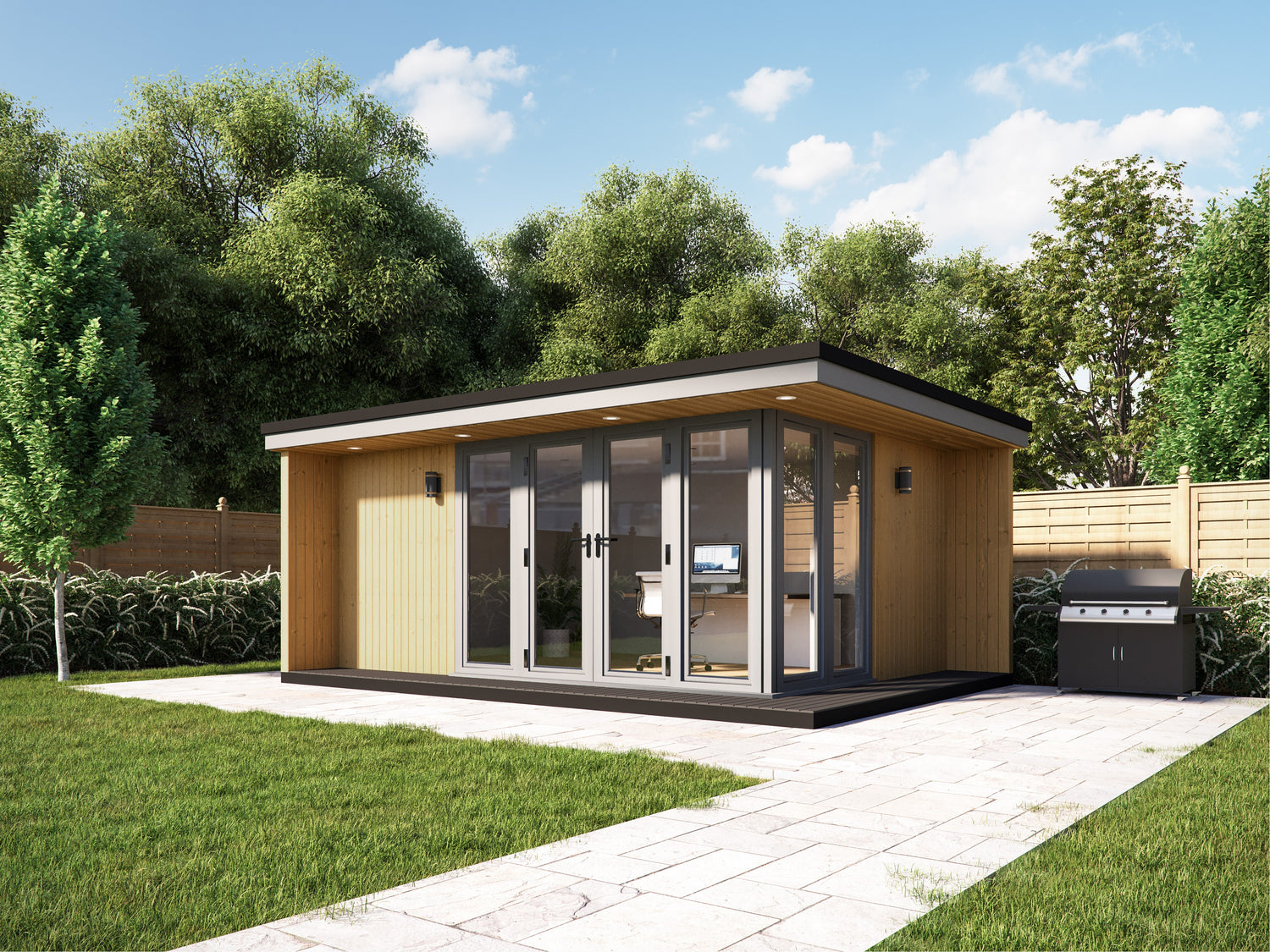 A rendering of a small garden room office.