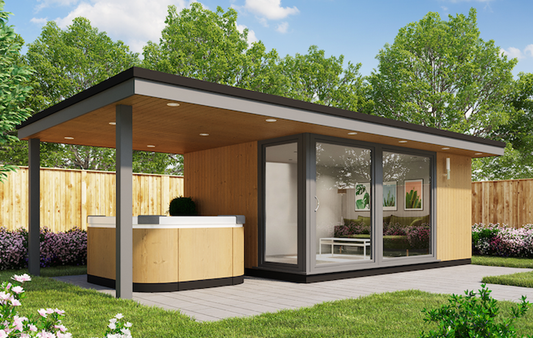 A Rubicon Garden Rooms building with a Portico Style - Bespoke hot tub and an insulated hot tub.