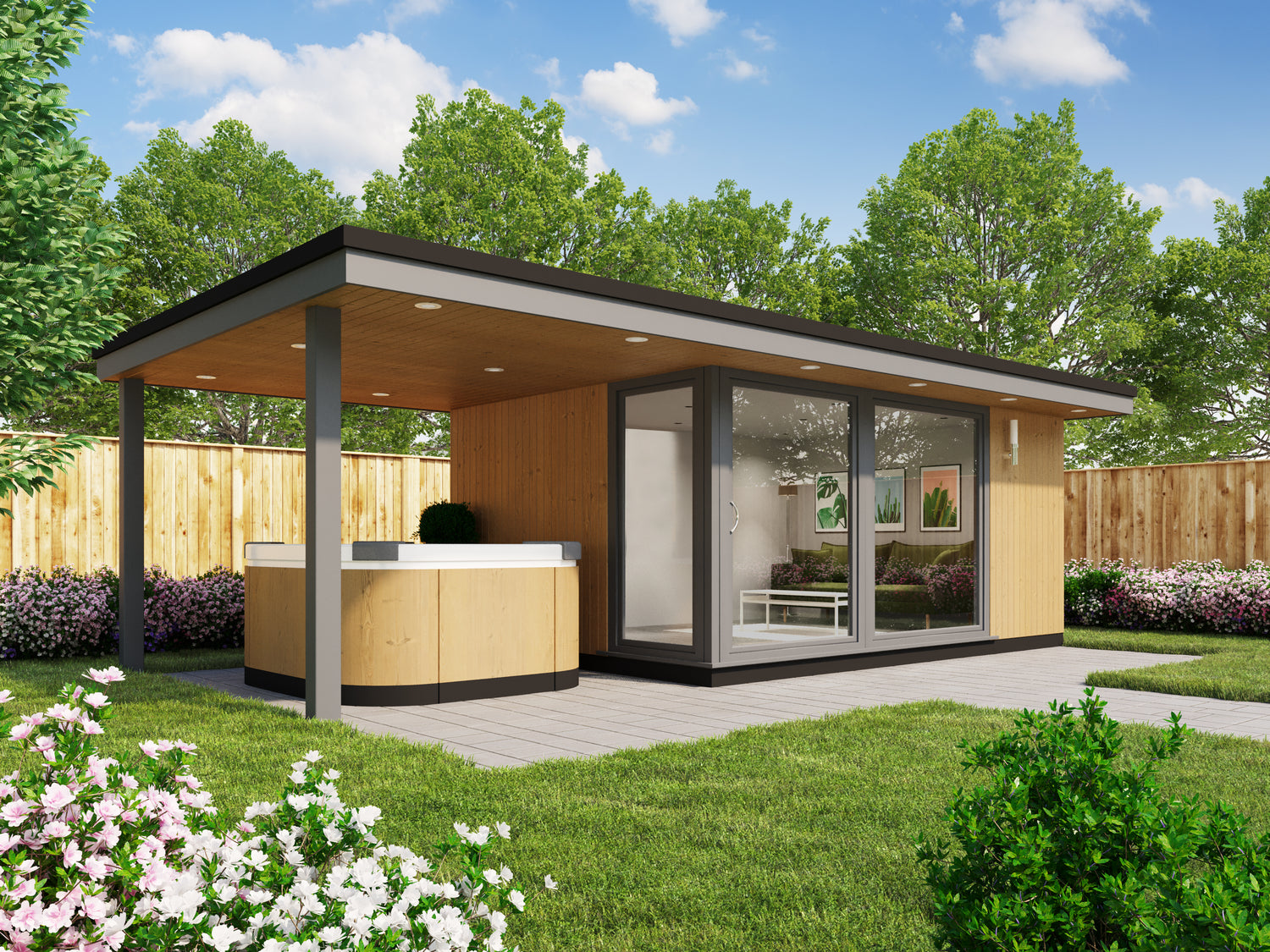 A garden room with a large side canopy and hot tub.