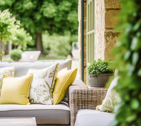 A wicker sofa with yellow pillows on a patio.