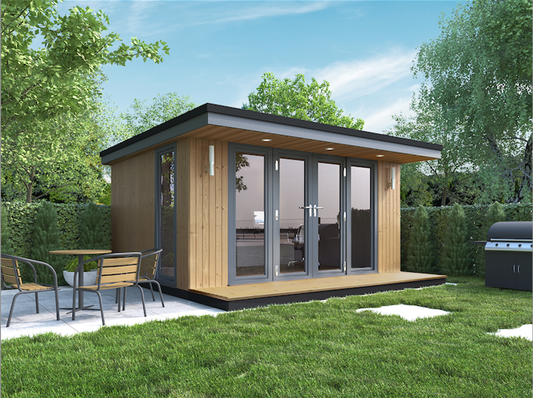 A Rubicon Garden Rooms Canopy Style Panoramic image of a garden shed.
