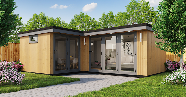 An image of a garden shed in a garden.