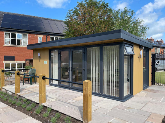A garden room office in Chester, Cheshire with composite cladding