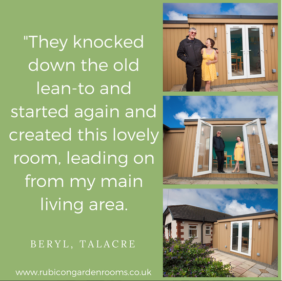 A photo of a couple in their living room with a quote saying they knocked down the old and started to learn.