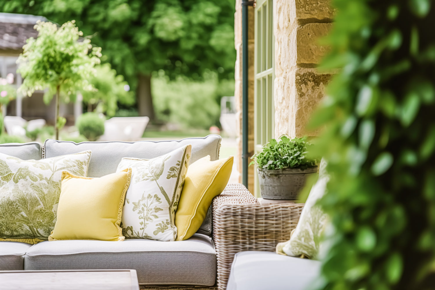 A patio with wicker furniture and yellow pillows.