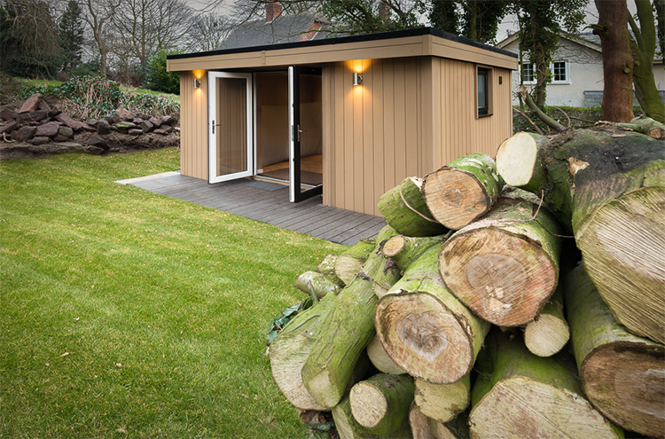 A shed with logs in front of it.